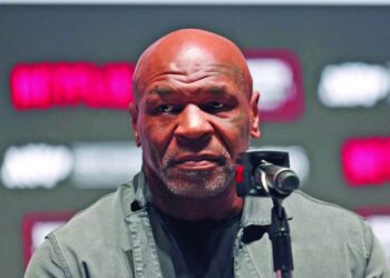 Mike Tyson appears at a press conference on Wednesday ahead of his fight with Jake Paul