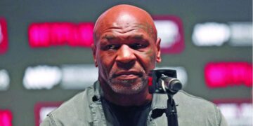 Mike Tyson appears at a press conference on Wednesday ahead of his fight with Jake Paul