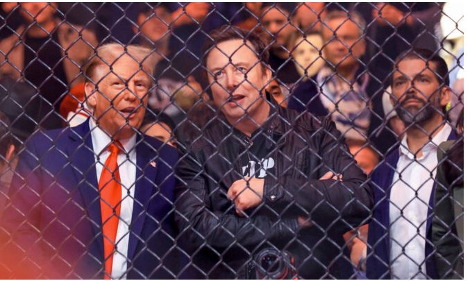 US President-elect Donald Trump, Tesla and SpaceX CEO Elon Musk and Donald Trump Jr. (R).