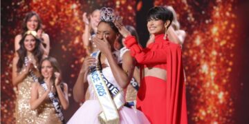 Newly elected Miss France 2025 Angelique Angarni-Filopon celebrates winning the Miss France 2025 beauty pageant.
