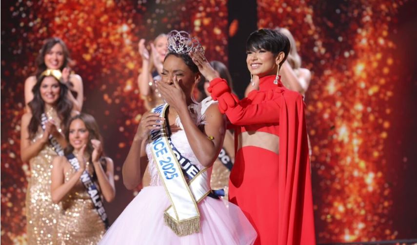 Newly elected Miss France 2025 Angelique Angarni-Filopon celebrates winning the Miss France 2025 beauty pageant.