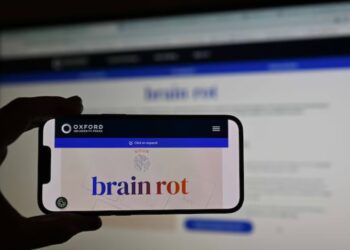 A man holds a phone, displaying word of ''brain rot''.