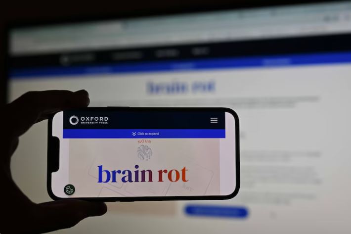 A man holds a phone, displaying word of ''brain rot''.