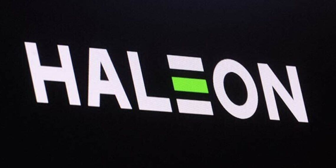 The company logo for Haleon and the trading info is displayed on a screen.