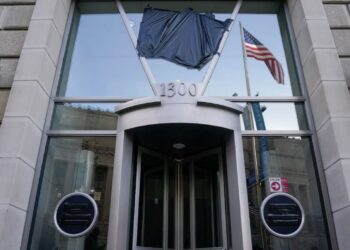 USAID signage is covered at the agency's headquarters in Washington, U.S.,
