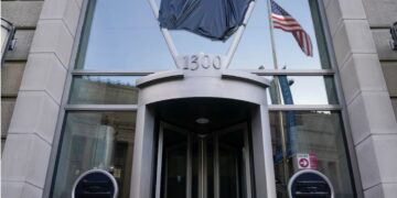 USAID signage is covered at the agency's headquarters in Washington, U.S.,
