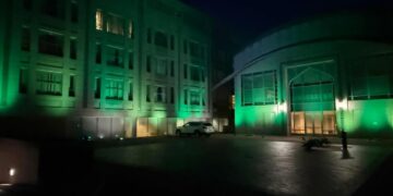 Embassy of Pakistan in Washington D.C. Glows Green in Tribute to Shuhada and Armed Forces